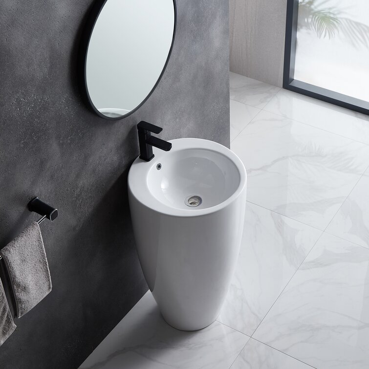 5.71'' Tall Glossy White Ceramic Oval Pedestal Bathroom Sink With Overflow 
